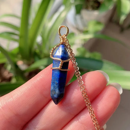 Reiki Healing Jewelry Natural Stone Pendant Wire Wrap Hexagonal Bullet Amethysts Quartz Crystal Necklace Pendulum Chakra Pendulo