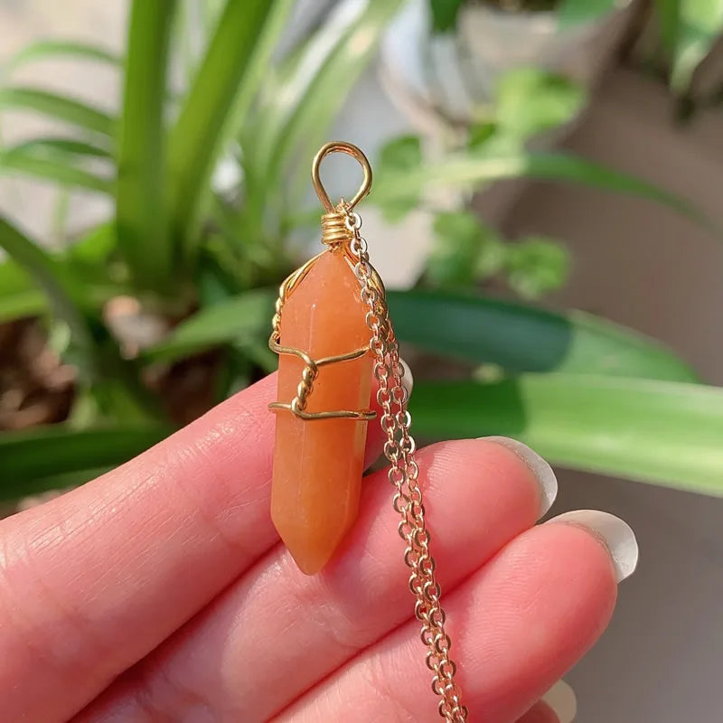 Reiki Healing Jewelry Natural Stone Pendant Wire Wrap Hexagonal Bullet Amethysts Quartz Crystal Necklace Pendulum Chakra Pendulo