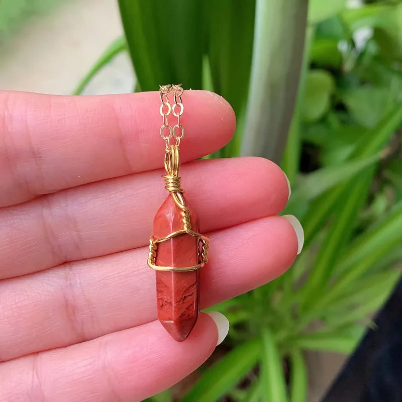 Reiki Healing Jewelry Natural Stone Pendant Wire Wrap Hexagonal Bullet Amethysts Quartz Crystal Necklace Pendulum Chakra Pendulo