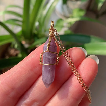 Reiki Healing Jewelry Natural Stone Pendant Wire Wrap Hexagonal Bullet Amethysts Quartz Crystal Necklace Pendulum Chakra Pendulo
