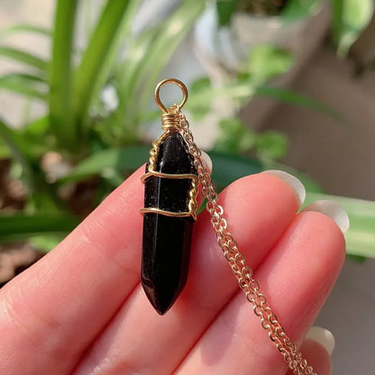 Reiki Healing Jewelry Natural Stone Pendant Wire Wrap Hexagonal Bullet Amethysts Quartz Crystal Necklace Pendulum Chakra Pendulo