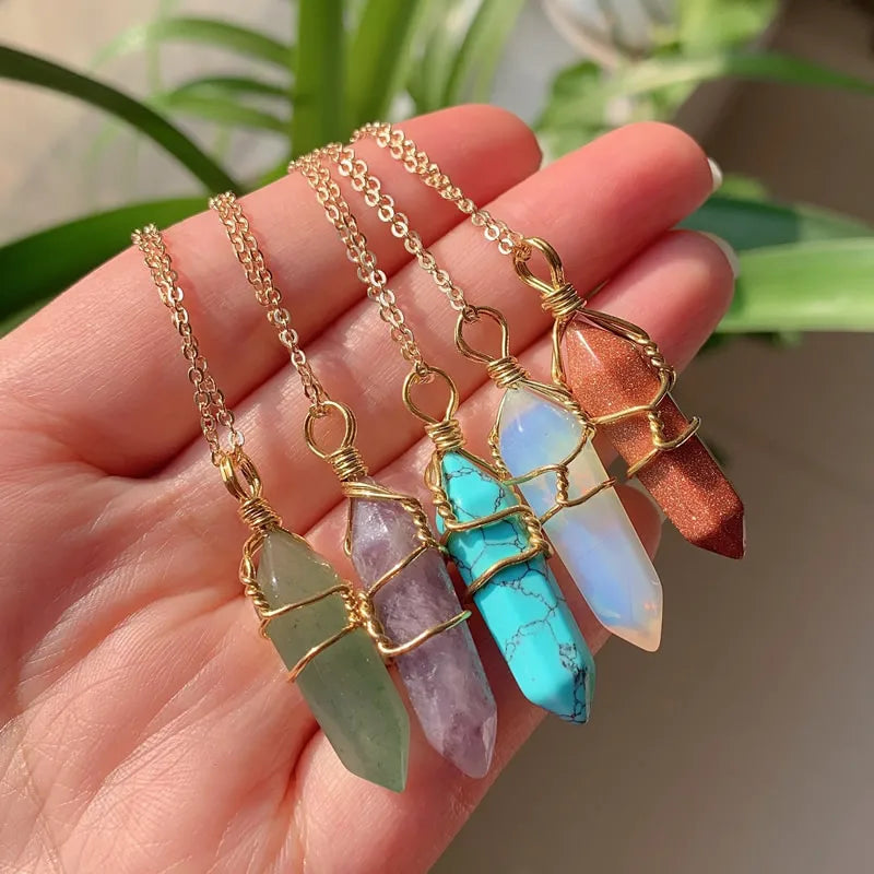 Reiki Healing Jewelry Natural Stone Pendant Wire Wrap Hexagonal Bullet Amethysts Quartz Crystal Necklace Pendulum Chakra Pendulo