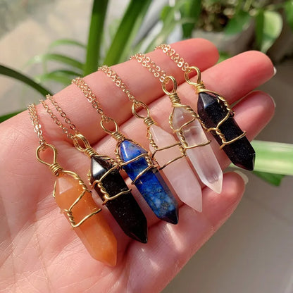 Reiki Healing Jewelry Natural Stone Pendant Wire Wrap Hexagonal Bullet Amethysts Quartz Crystal Necklace Pendulum Chakra Pendulo