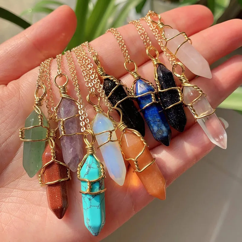 Reiki Healing Jewelry Natural Stone Pendant Wire Wrap Hexagonal Bullet Amethysts Quartz Crystal Necklace Pendulum Chakra Pendulo