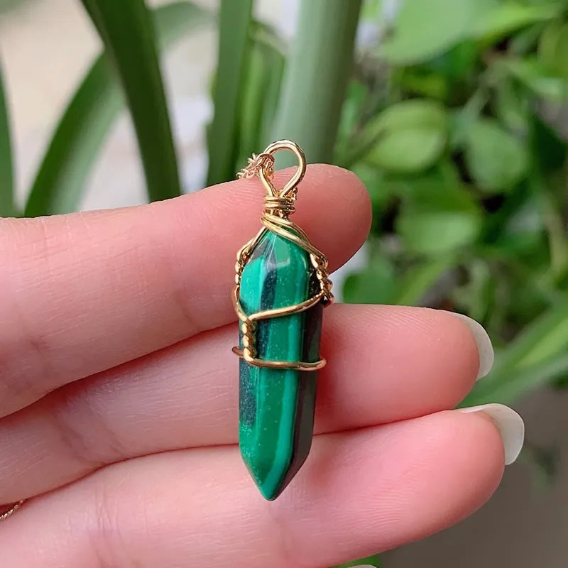 Reiki Healing Jewelry Natural Stone Pendant Wire Wrap Hexagonal Bullet Amethysts Quartz Crystal Necklace Pendulum Chakra Pendulo