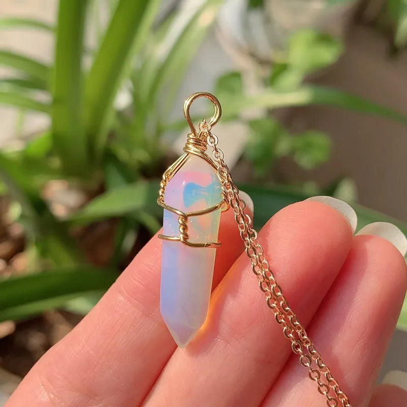 Reiki Healing Jewelry Natural Stone Pendant Wire Wrap Hexagonal Bullet Amethysts Quartz Crystal Necklace Pendulum Chakra Pendulo