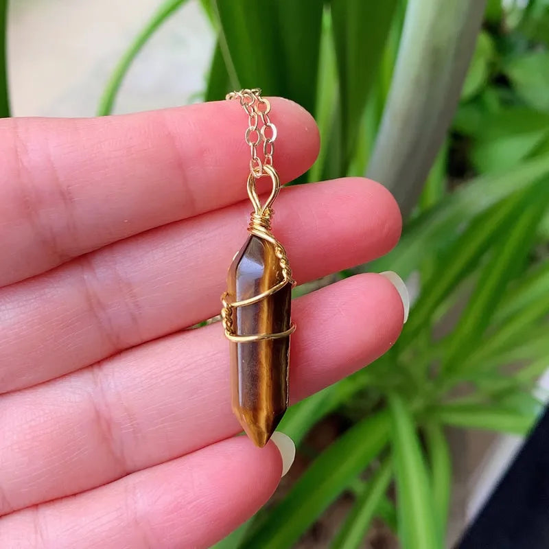 Reiki Healing Jewelry Natural Stone Pendant Wire Wrap Hexagonal Bullet Amethysts Quartz Crystal Necklace Pendulum Chakra Pendulo
