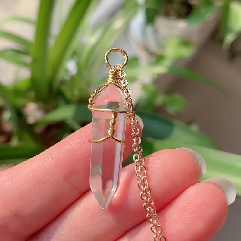 Reiki Healing Jewelry Natural Stone Pendant Wire Wrap Hexagonal Bullet Amethysts Quartz Crystal Necklace Pendulum Chakra Pendulo
