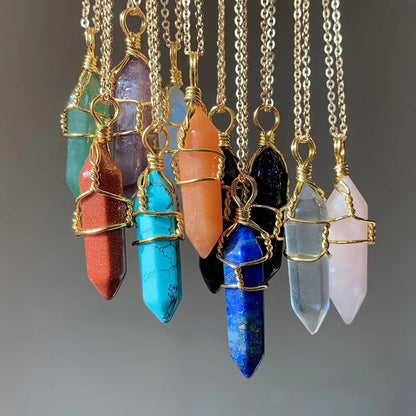 Reiki Healing Jewelry Natural Stone Pendant Wire Wrap Hexagonal Bullet Amethysts Quartz Crystal Necklace Pendulum Chakra Pendulo