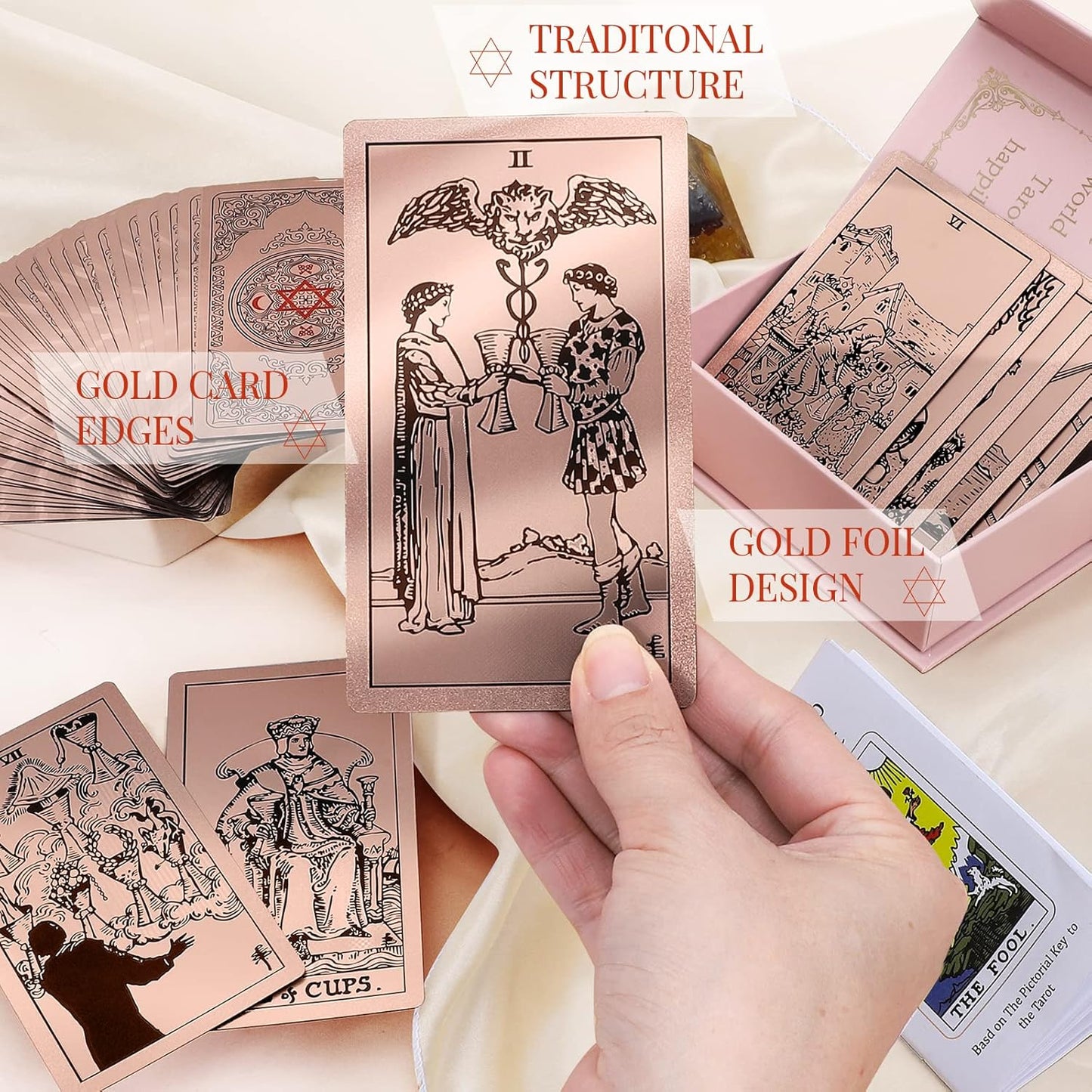 Waterproof Tarot Cards with Meanings on Them Gold Tarot Cards with Guide Book Gold Foil for Beginners 78 Classic Origina Rider Waite Taro Deck Fortune Telling Game