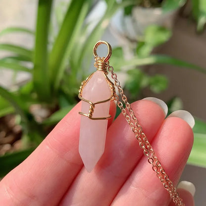 Reiki Healing Jewelry Natural Stone Pendant Wire Wrap Hexagonal Bullet Amethysts Quartz Crystal Necklace Pendulum Chakra Pendulo