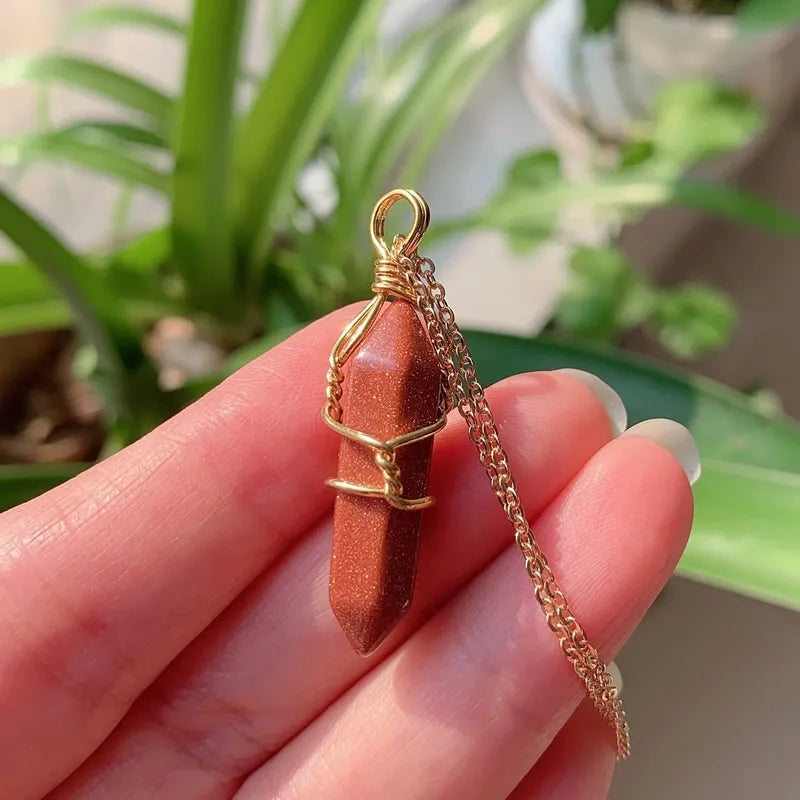 Reiki Healing Jewelry Natural Stone Pendant Wire Wrap Hexagonal Bullet Amethysts Quartz Crystal Necklace Pendulum Chakra Pendulo