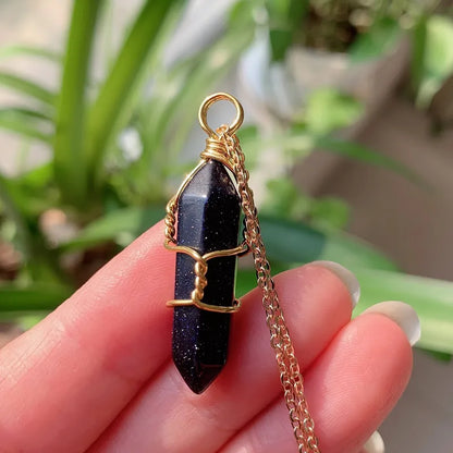 Reiki Healing Jewelry Natural Stone Pendant Wire Wrap Hexagonal Bullet Amethysts Quartz Crystal Necklace Pendulum Chakra Pendulo