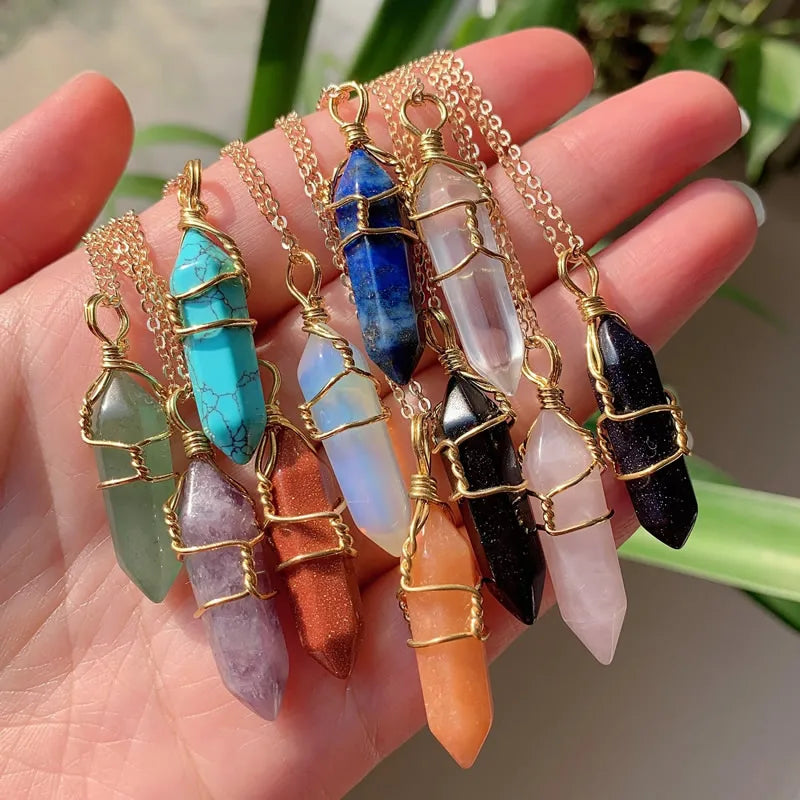 Reiki Healing Jewelry Natural Stone Pendant Wire Wrap Hexagonal Bullet Amethysts Quartz Crystal Necklace Pendulum Chakra Pendulo